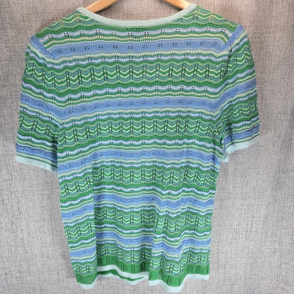 Talbots Casual Green Blue Stripe Crochet Short Sleeve Lightweight Sweater Medium - Picture 5 of 8